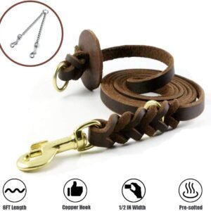 Petek Non-Handle Dog Leather Leash 7.2 ft|0.5in|0.5in|Pre-softened with Bonus of Multi-Using Chain and Copper Hook Training Heavy Duty Braided Leash Gift for Large Medium Puppy Dog