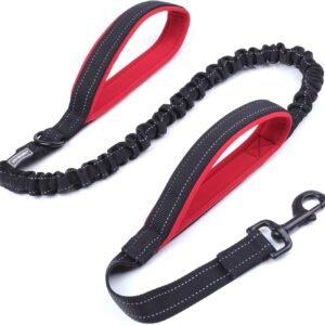 Heavy Duty Bungee Dog Leash, Dual Padded Handles No Pull Reflective Training Dog Leash with Traffic Handle for Medium Large Dogs with Adjustable Sizes (4FT-5.5FT), Black