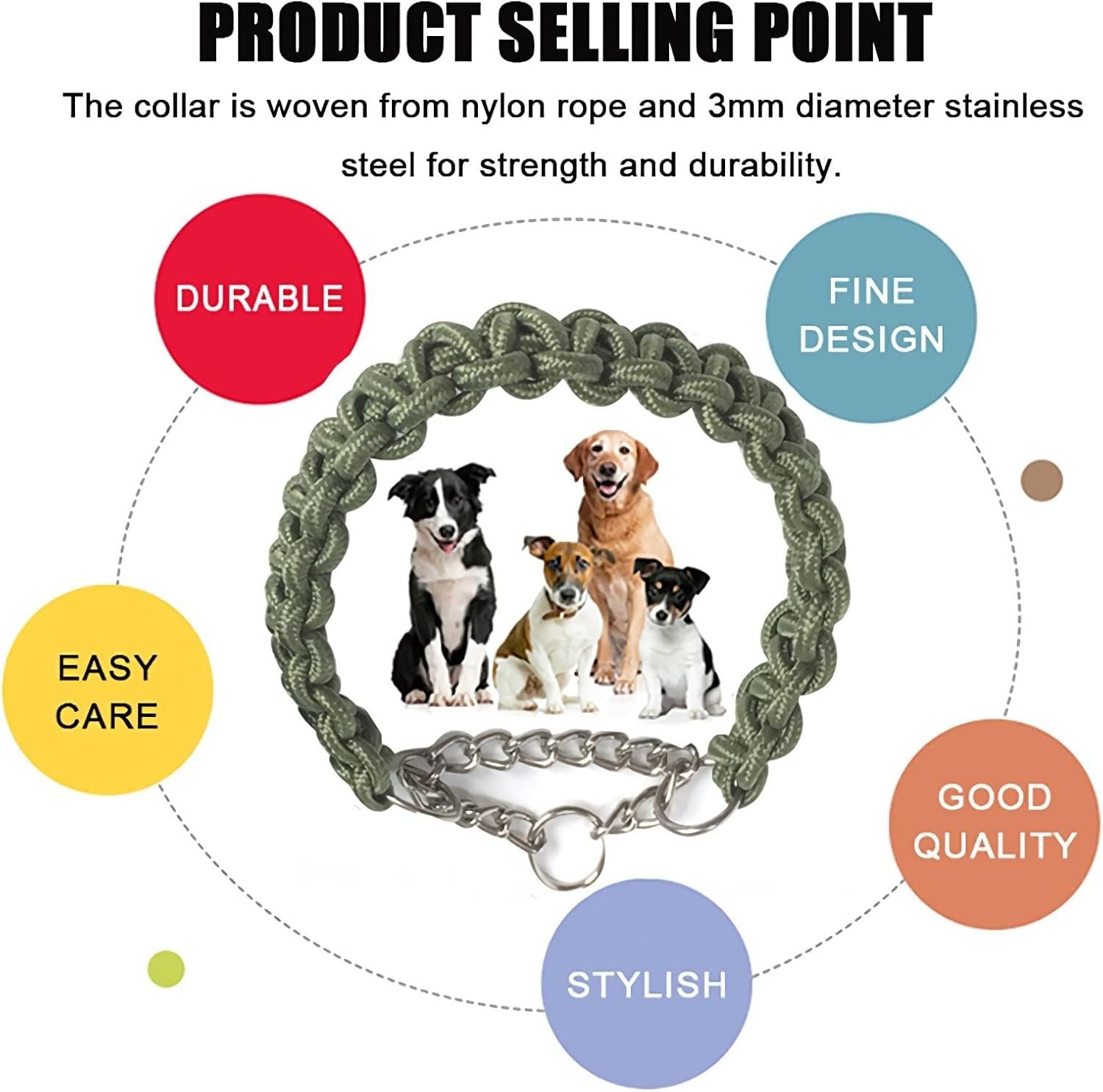 Durable Braided Dog Collars and Leads Set Nylon Rope Leashes with Heavy Duty Clips Slip Lead Collar with Metal Chain for Small Medium Large Dogs, Green - Image 5