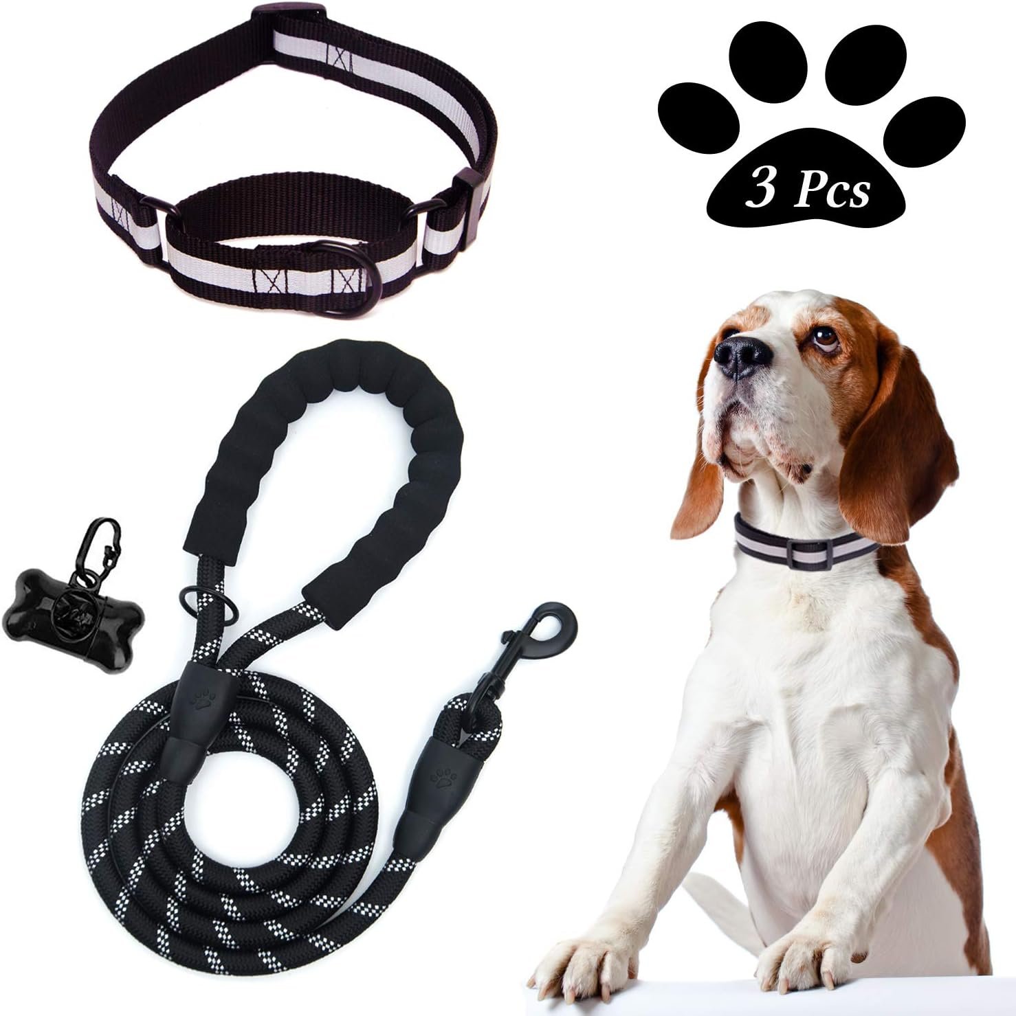 Reflective Strong Dog Leash, Heavy Duty Dog Leash with Reflective Dog Collar and Dog Waste Bag Dispenser for Dogs (150 cm Leash + L Collar, Blue)