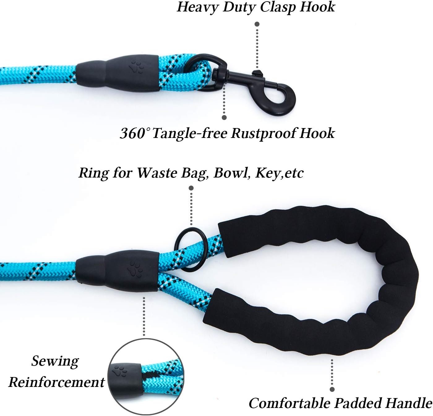Reflective Strong Dog Leash, Heavy Duty Dog Leash with Reflective Dog Collar and Dog Waste Bag Dispenser for Dogs (150 cm Leash + L Collar, Blue) - Image 5