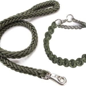 Durable Braided Dog Collars and Leads Set Nylon Rope Leashes with Heavy Duty Clips Slip Lead Collar with Metal Chain for Small Medium Large Dogs, Green