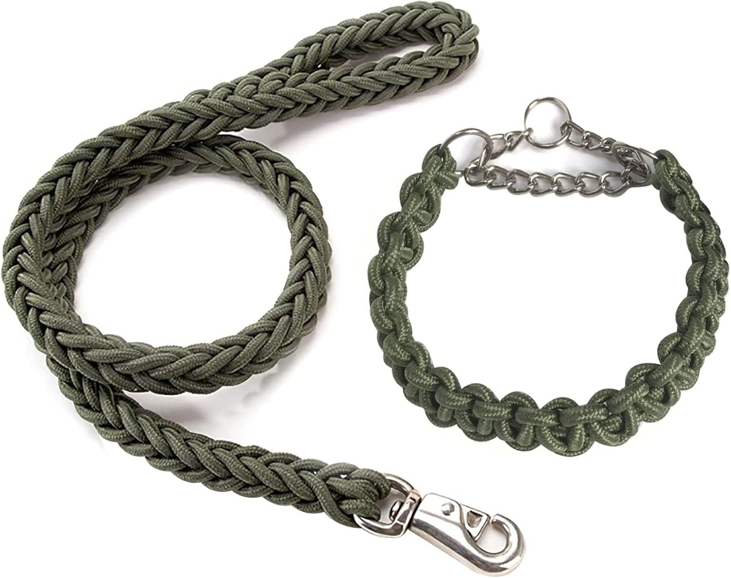 Durable Braided Dog Collars and Leads Set Nylon Rope Leashes with Heavy Duty Clips Slip Lead Collar with Metal Chain for Small Medium Large Dogs, Green