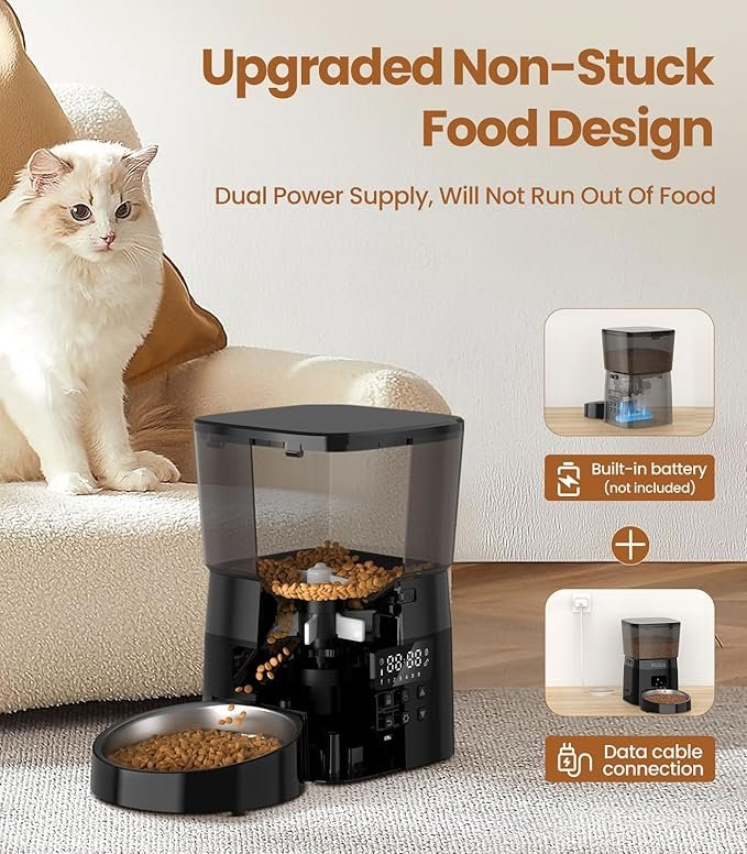 Automatic Cat Feeders,8cup/68oz Automatic Cat Food Dispenser,Program 1-6 Meals Control,2L Auto Timed Cat Feeder for Dry Food,Cats&Puppy Dogs Pet Feeder,Support Dual Power Supply - Image 4