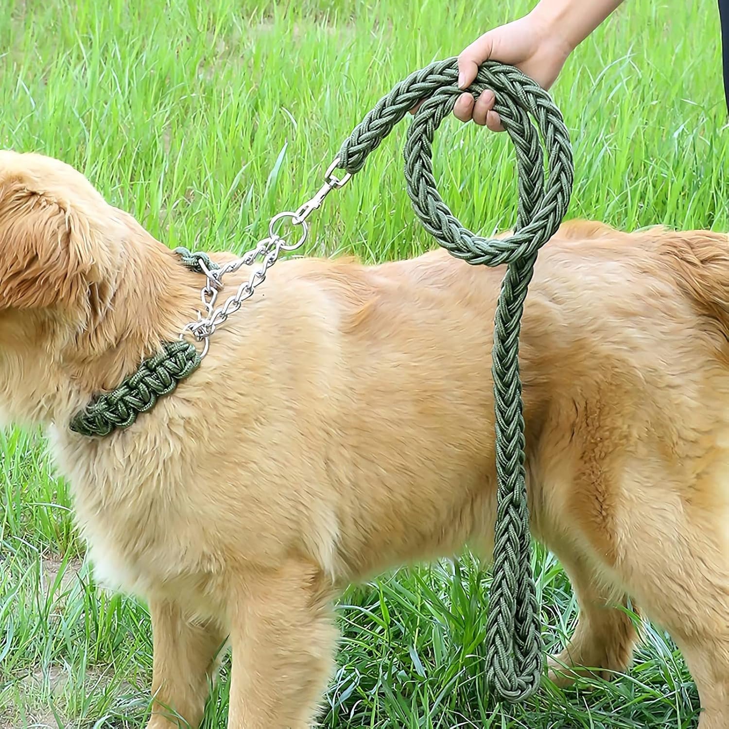 Durable Braided Dog Collars and Leads Set Nylon Rope Leashes with Heavy Duty Clips Slip Lead Collar with Metal Chain for Small Medium Large Dogs, Green - Image 4