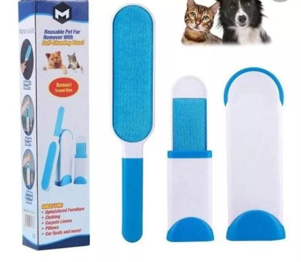 Pet Hair Remover for Couch Furniture Clothing Car Seat Lint Brush - Fur Remover - Fur & Lint Removal - Dog & Cat Hair Remover - Double-Sided Brush with Self-Cleaning Base (Blue)