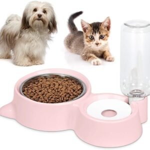 Dog Cat Bowls Food and Water Bowls Set, Automatic Water Dispenser Durable & Detachable Stainless Feeder Double Pet Bowls for Small Cats and Dogs Puppies, Pink