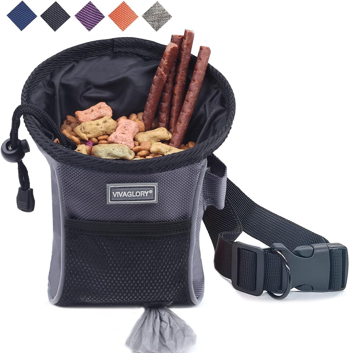 VIVAGLORY Sports Style Dog Treat Bag, Enlarged Opening Dog Training Treat Bag with Detachable Waistband, Poop Bag Dispenser, Convenient to Carry Treats, Kibbles, Pet Toys, Grey